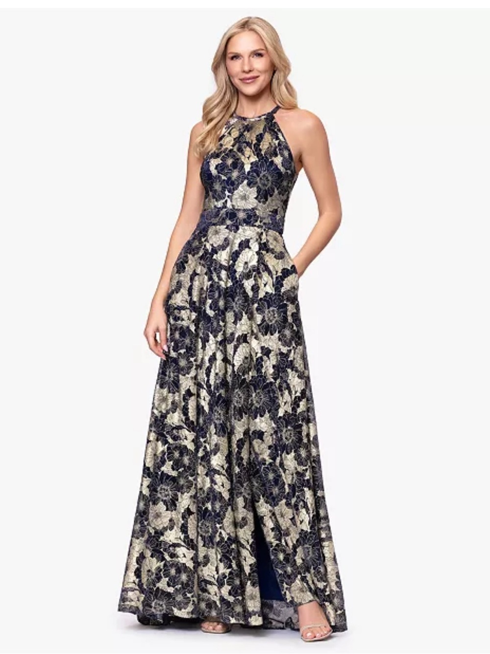 Betsy & Adam Navy and Cream Floral Halter Maxi Dress